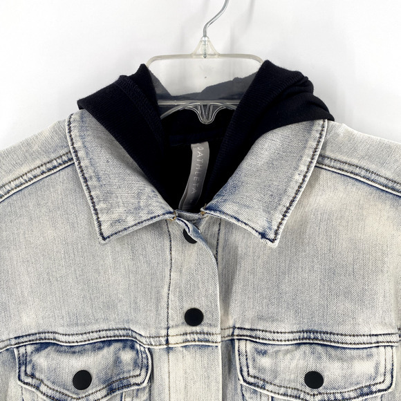 Athleta Double Time Denim Jacket Hooded Vest Combo Womens Sz S Acid Wash/Black - Picture 15 of 16